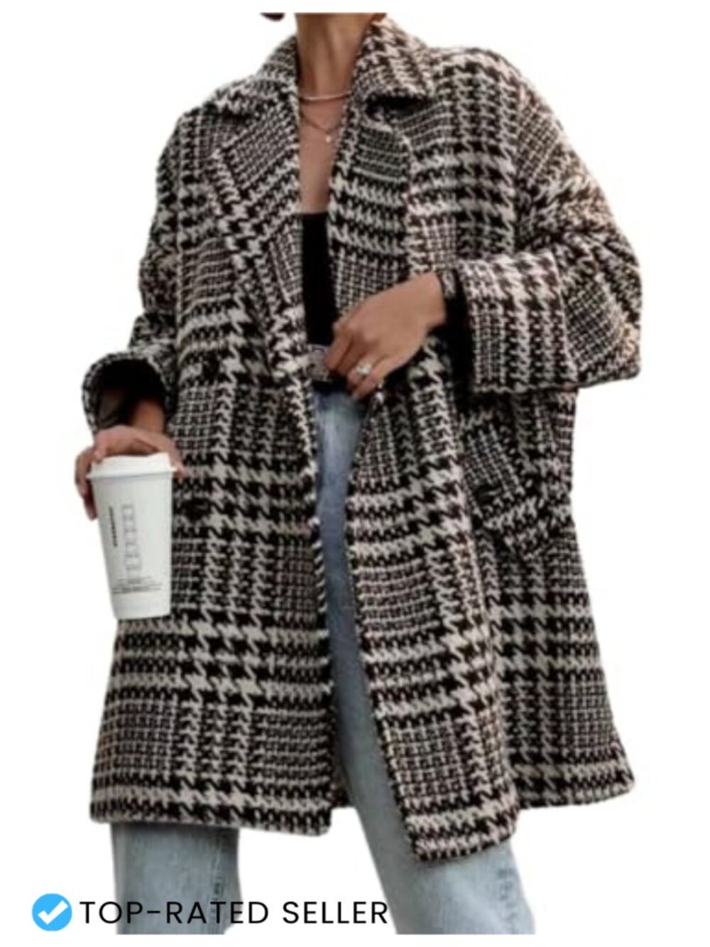 Wool Blend Houndstooth Pea Coat Loose Fit Mid Long Double Breasted Winter